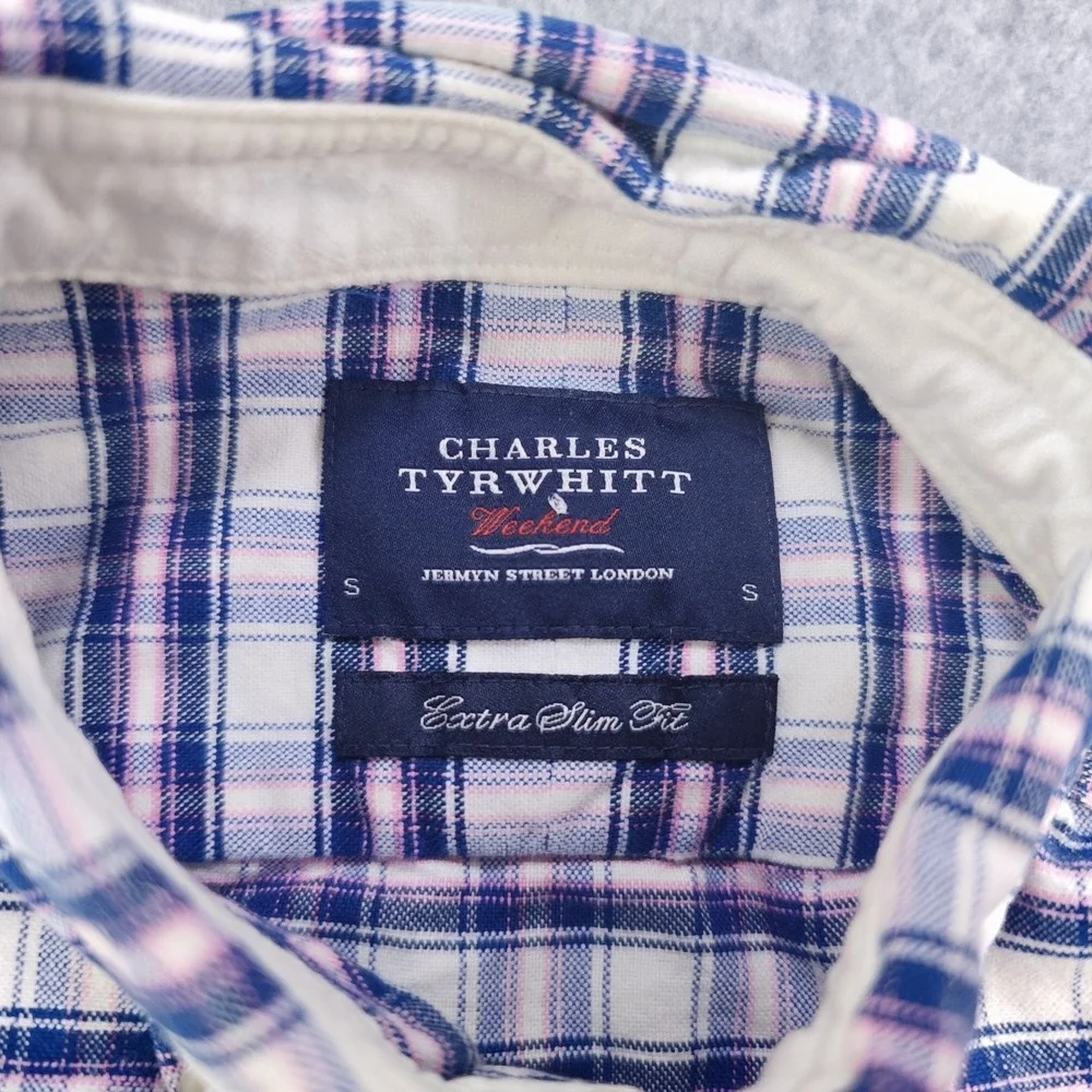 Charles‎ Tyrwhitt Shirt Mens Small Extra Slim Fit Blue Pink Plaid Long Sleeve